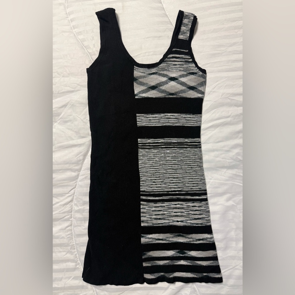 Chic Black and Gray Striped knit Midi Dress